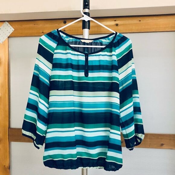BANANA REPUBLIC FACTORY Blue Green White Stripe Light Sheer Peasant‎ Blouse Sz M - Picture 1 of 6